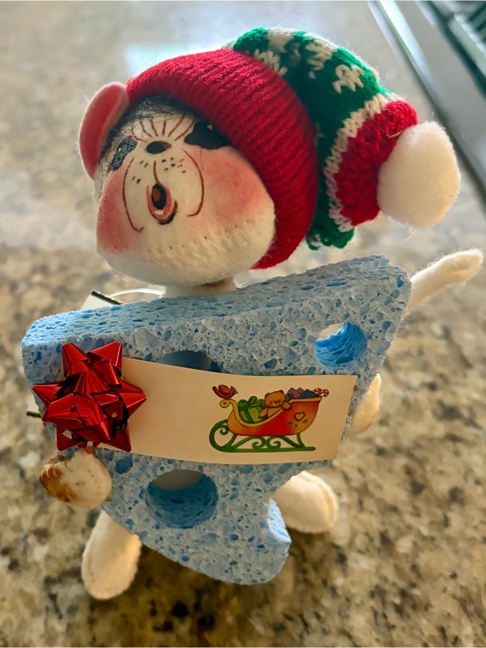 Annalee Red and Green Holiday Mouse with Blue Cheese Prop
